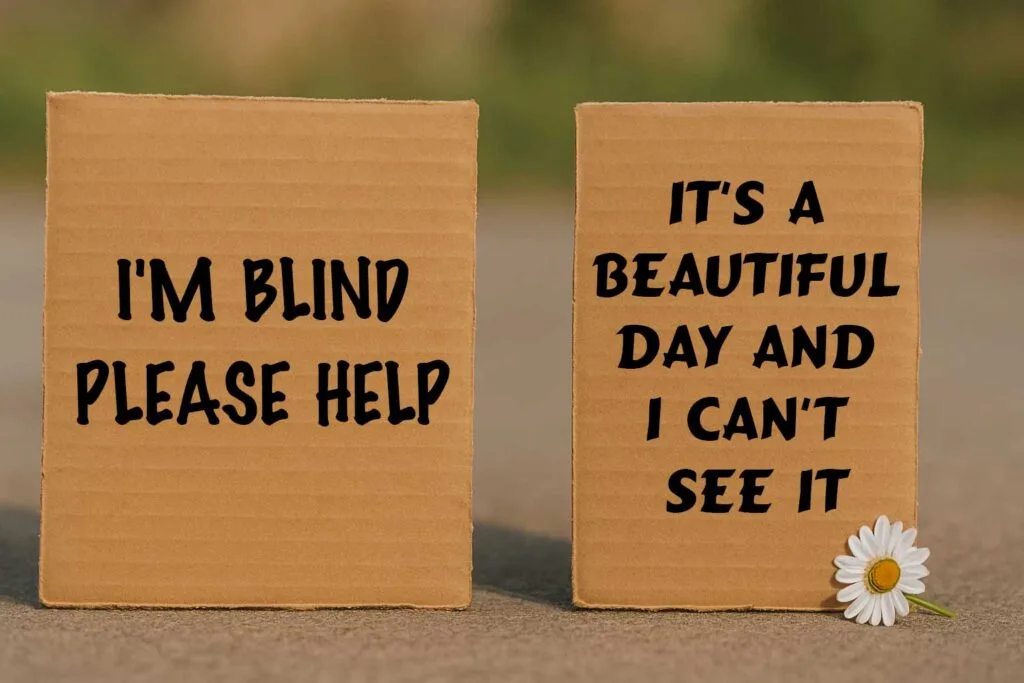 Two pieces of cardboard showing before-and-after messages from the video, illustrating the emotional impact of word choice in leadership communication.