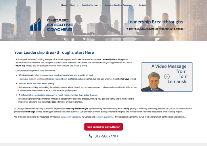 Chicago Executive Coaching site shot with video inlay