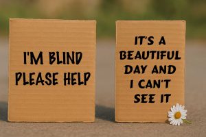 Two pieces of cardboard showing before-and-after messages from the video, illustrating the emotional impact of word choice in leadership communication.